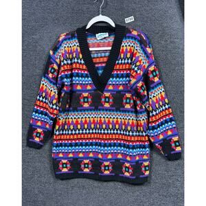 Vintage Resource Sweater Womens Medium Black Multicolor V Neck Knit Made USA 90s